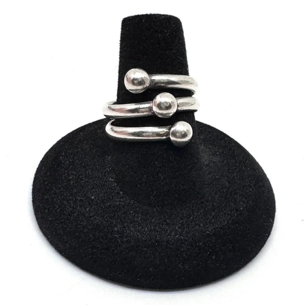 Vintage Sterling Silver Triple Beaded Wrap Bypass Ring Size 7 1/2